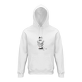 White unisex hoodie with hood, front pocket, and centered chest graphic print