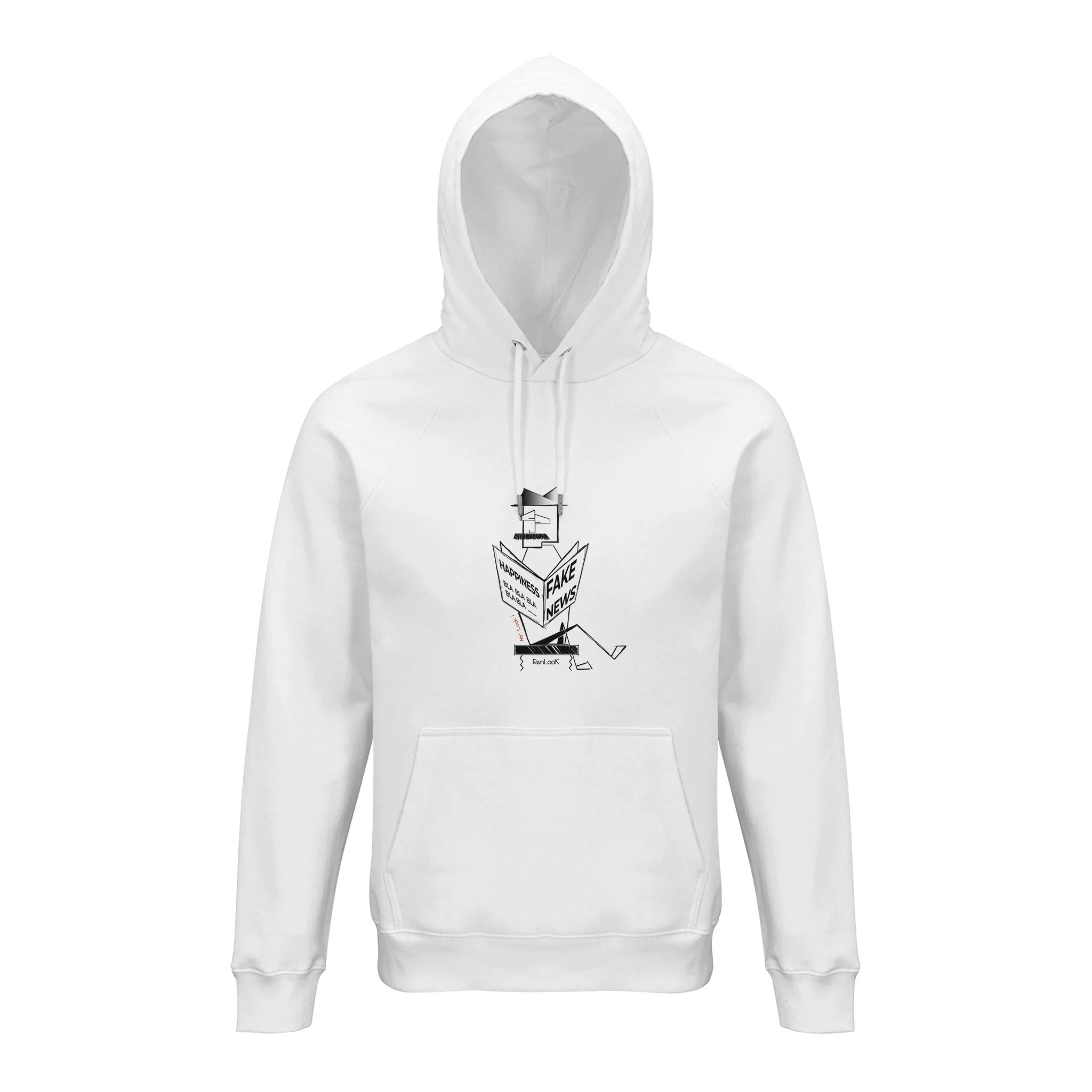 White hoodie with a graphic design of Fake News on a white background