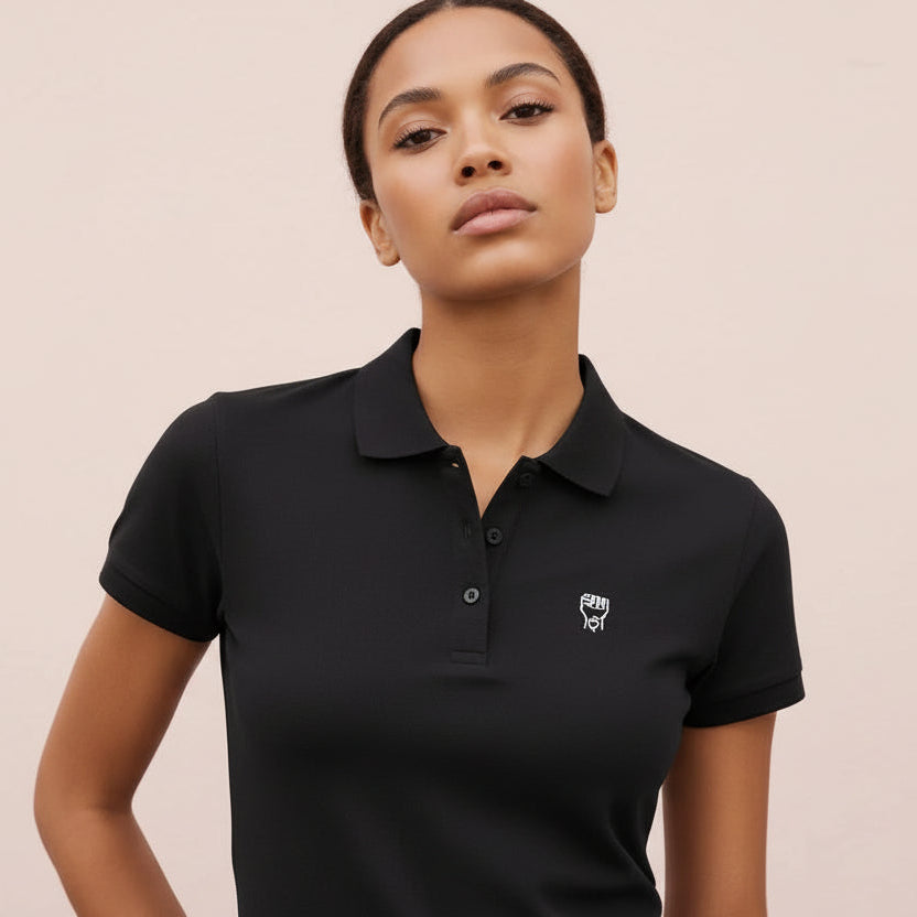 Black polo shirt with buttoned placket, short sleeves, and small chest logo