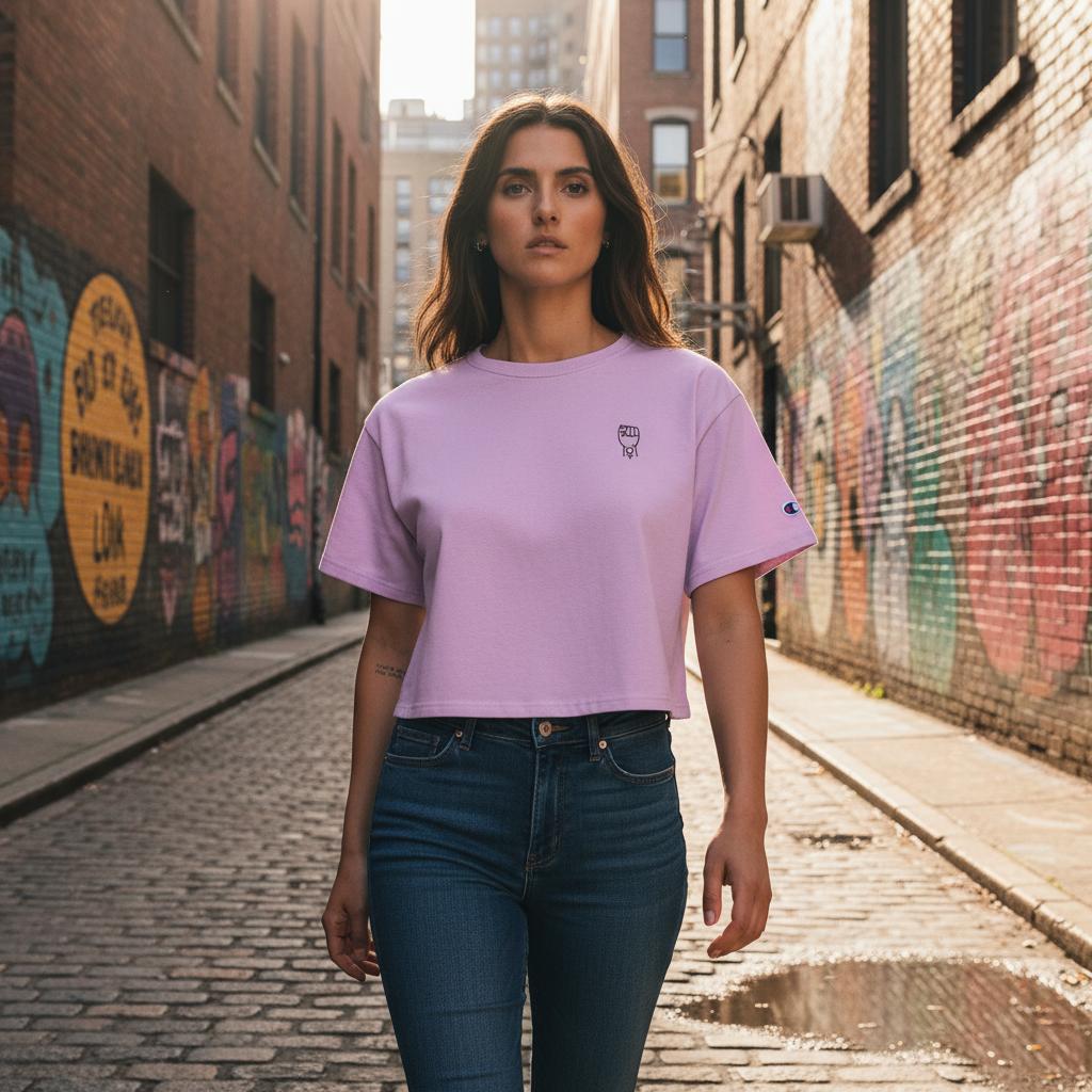 Woman wearing a purple Feminist t-shirt and blue jeans standing in an alley with graffiti on the walls.