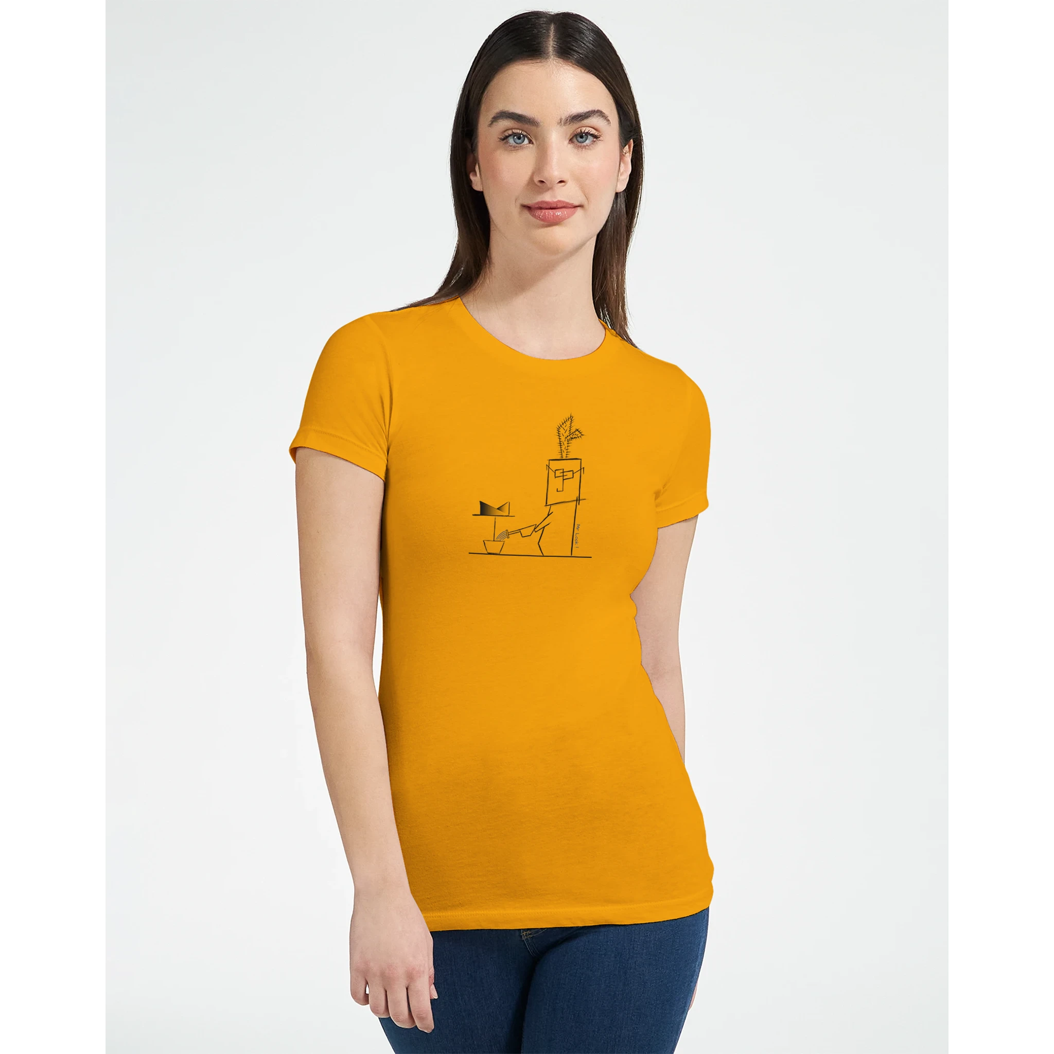 Women's crewneck t-shirt, golden yellow with cactus line graphic