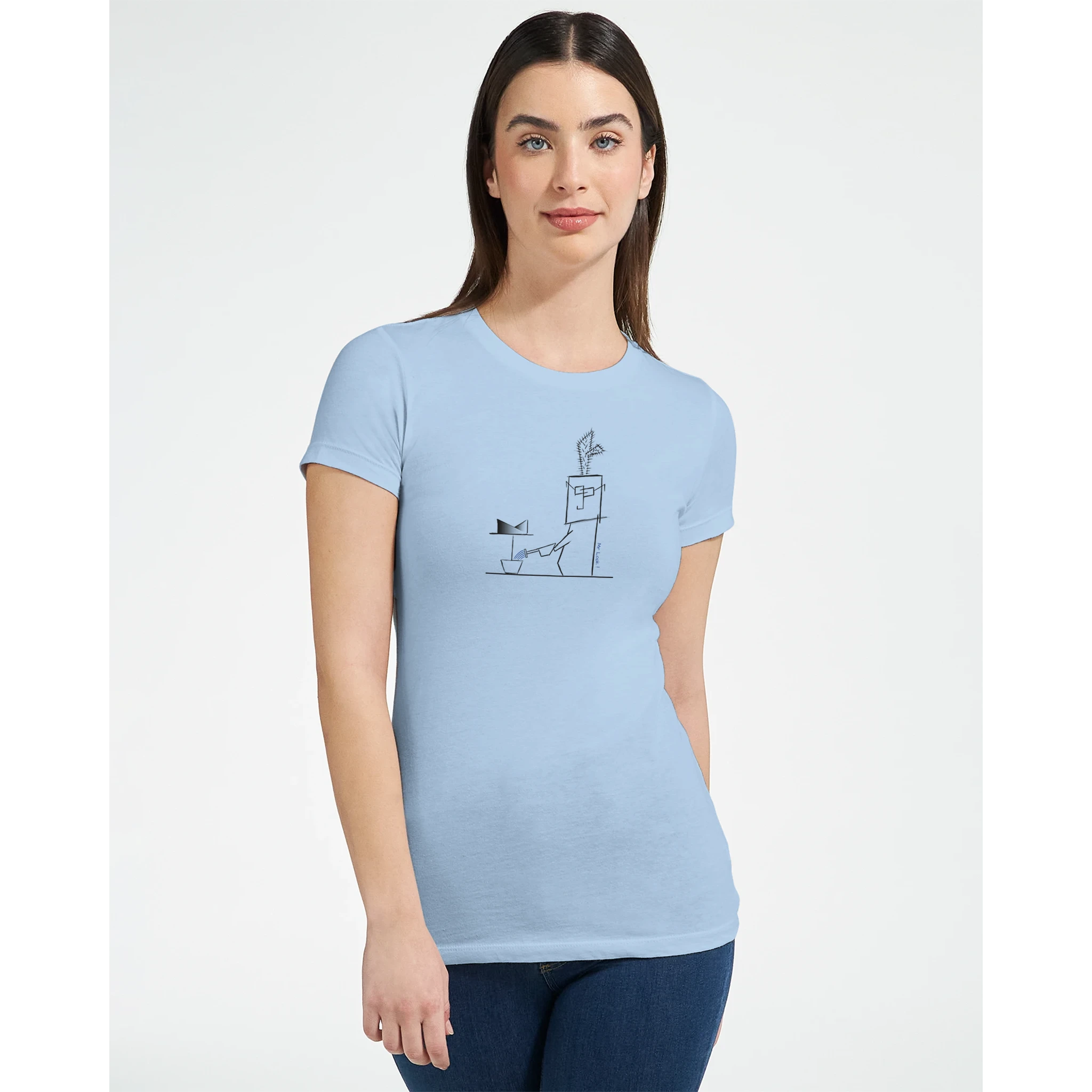 Women's crewneck t-shirt, light blue with cactus line graphic