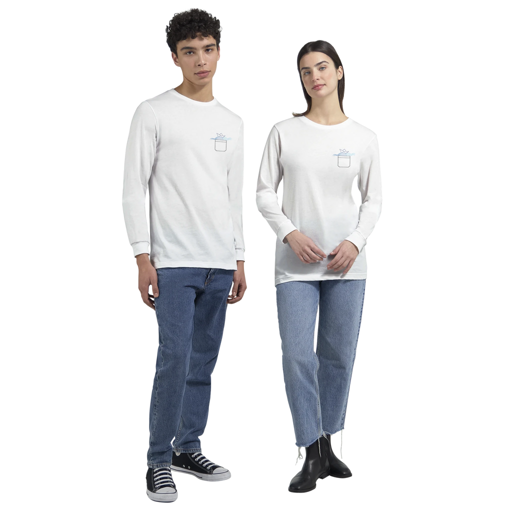 Unisex long-sleeve boatneck shirt, white, with small chest cup graphic