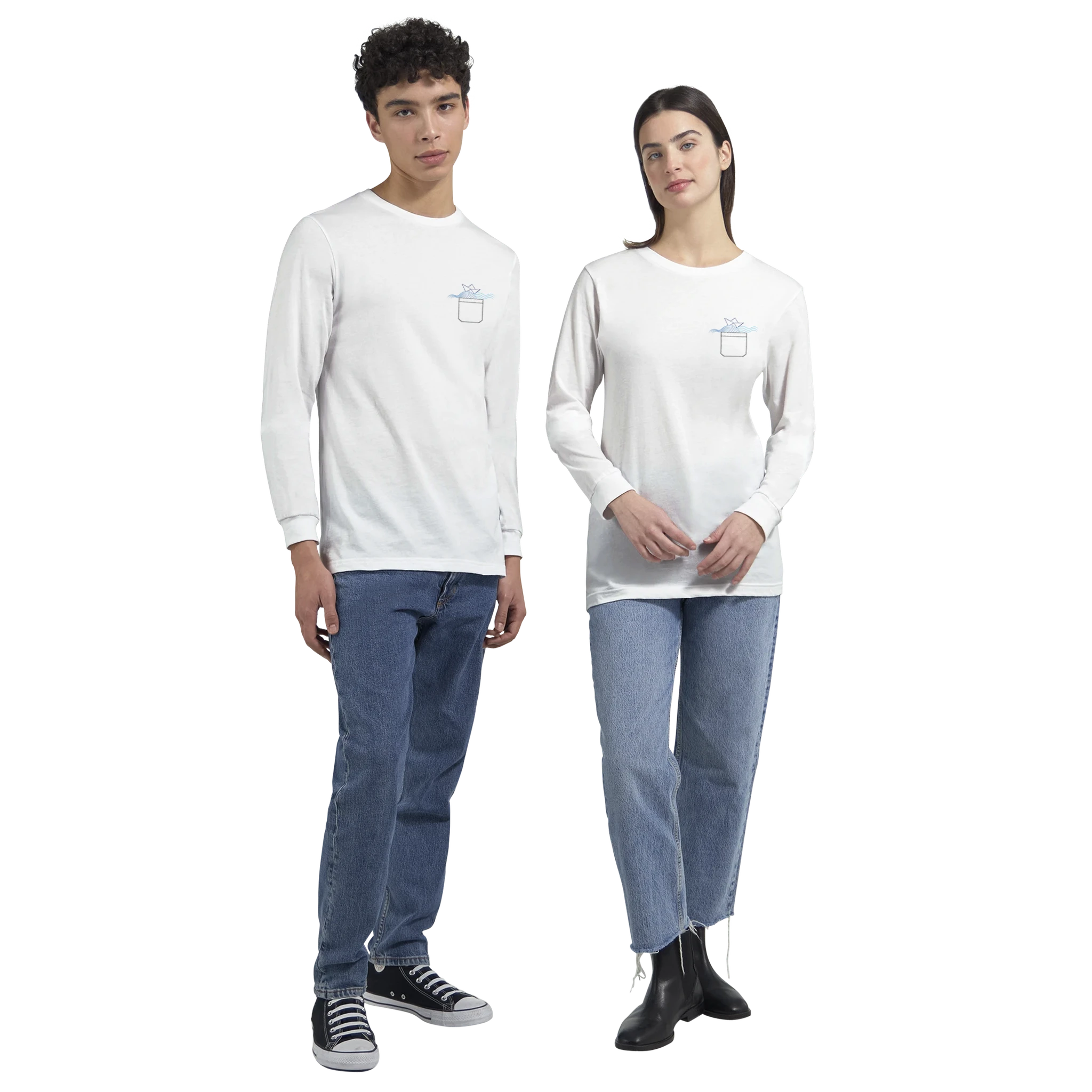 Unisex long-sleeve boatneck shirt, white, with small chest cup graphic