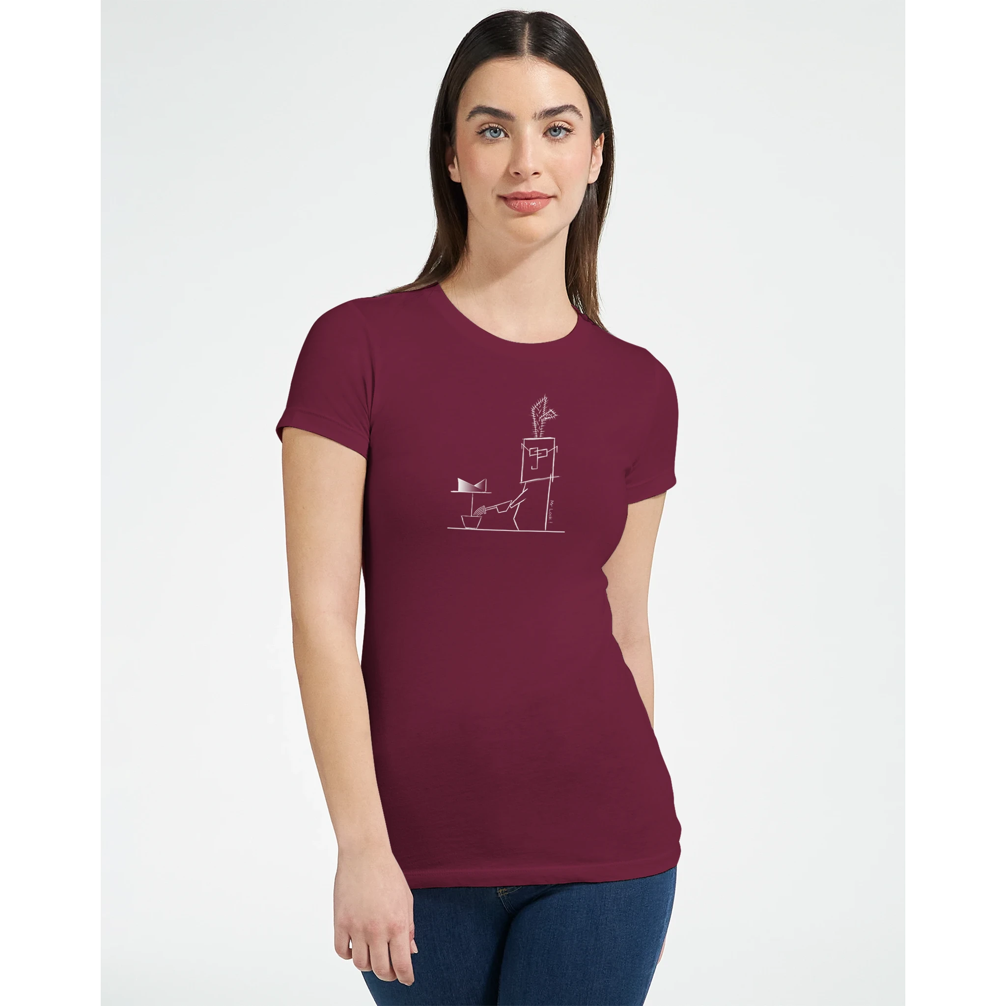 Women's crewneck t-shirt, maroon with cactus line graphic