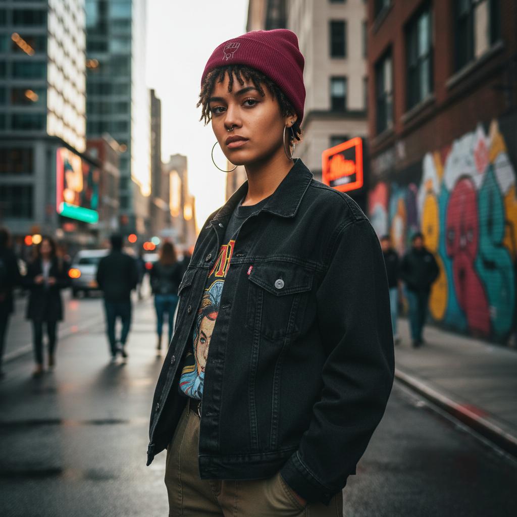 Maroon cuffed beanie with white fist icon, worn by a person in a jacket