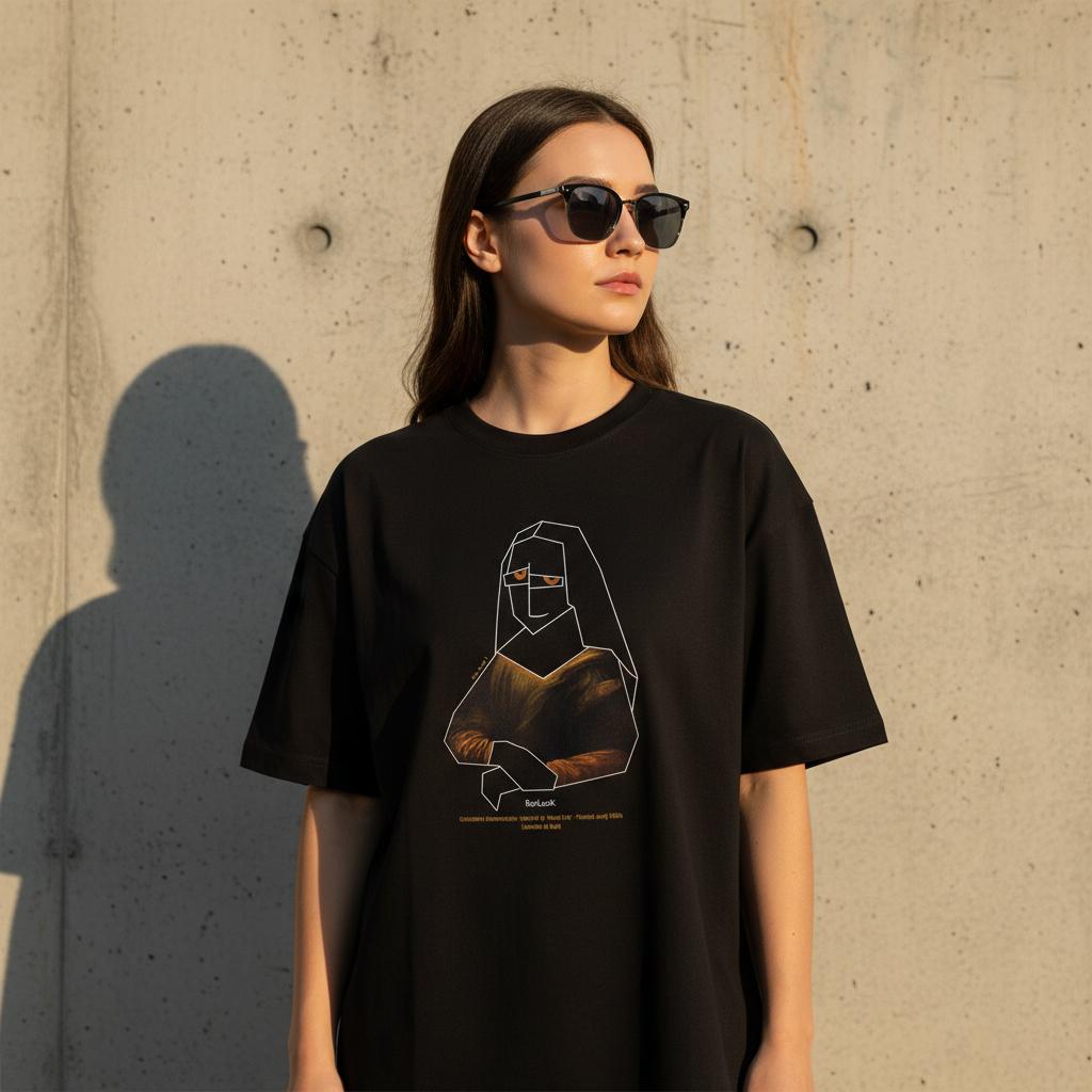 Person wearing a black t-shirt with a graphic design against a concrete wall.