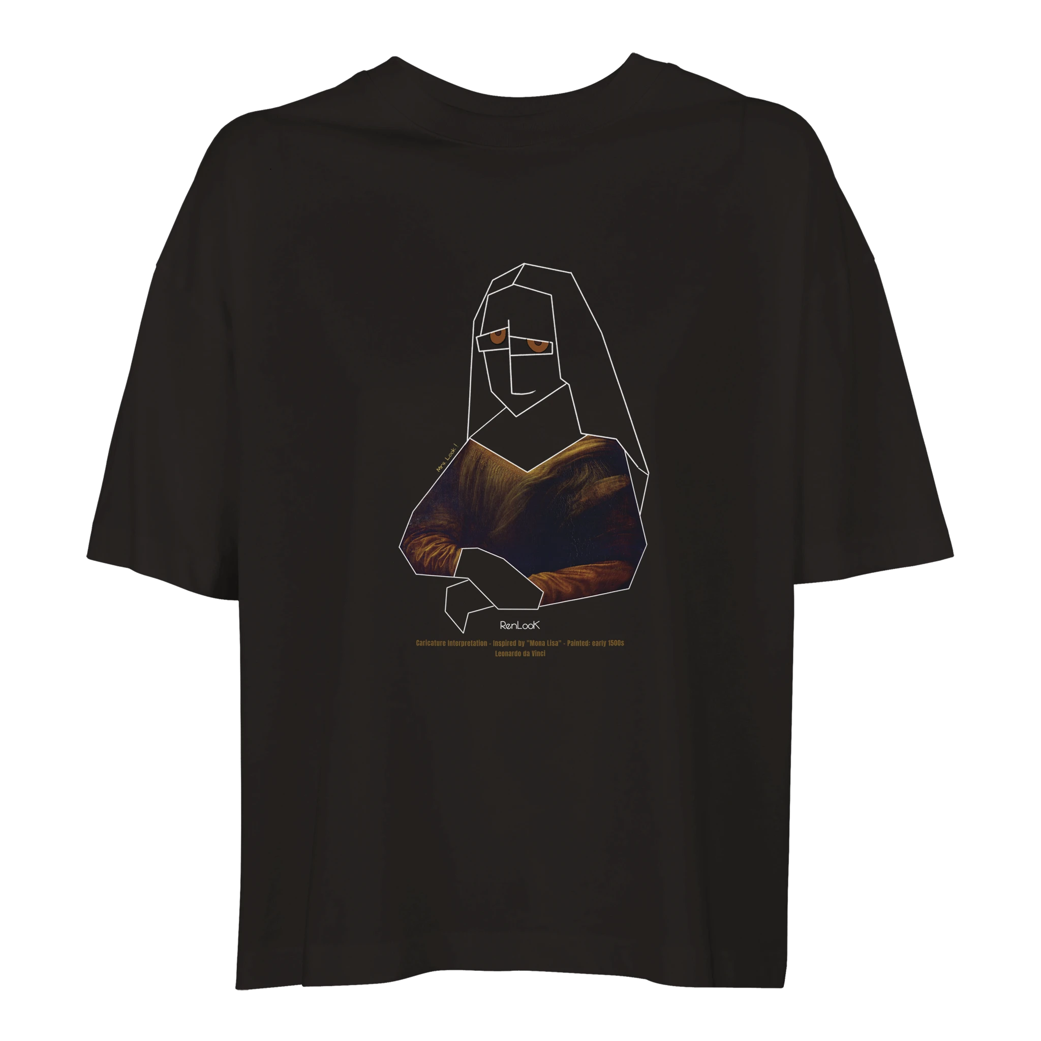 Black t-shirt with a graphic design of a famous painting.