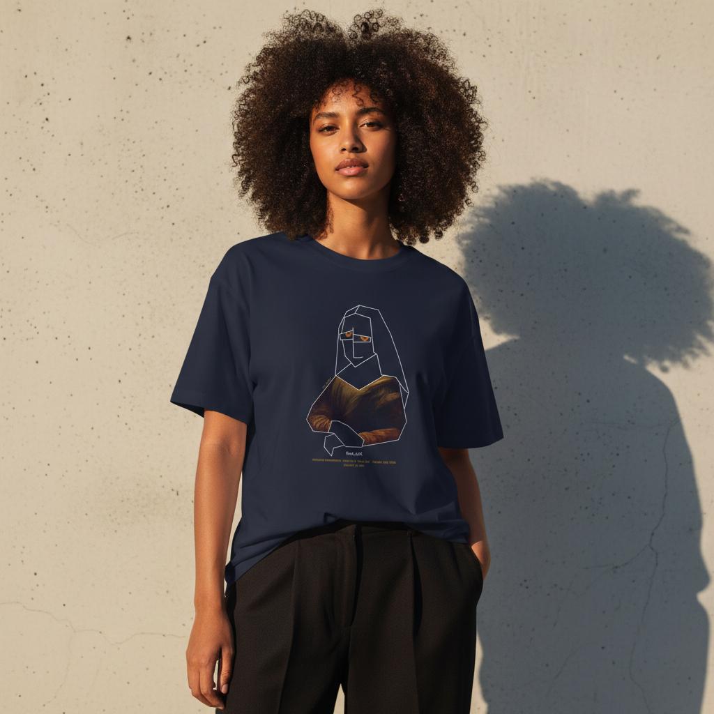 Person wearing a navy blue t-shirt with a graphic Mona Lisa design