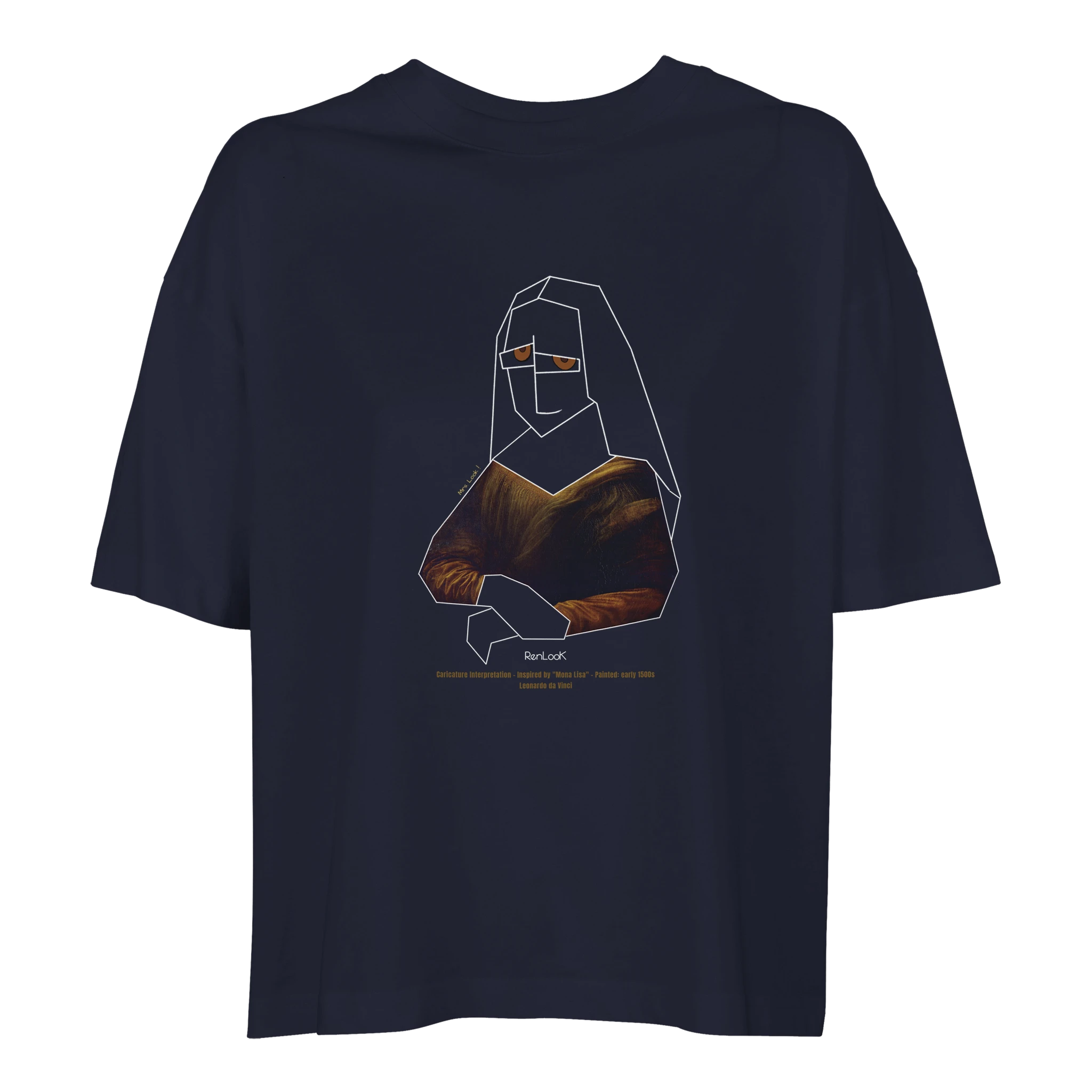 Navy blue t-shirt with a graphic design of a stylized Mona Lisa.