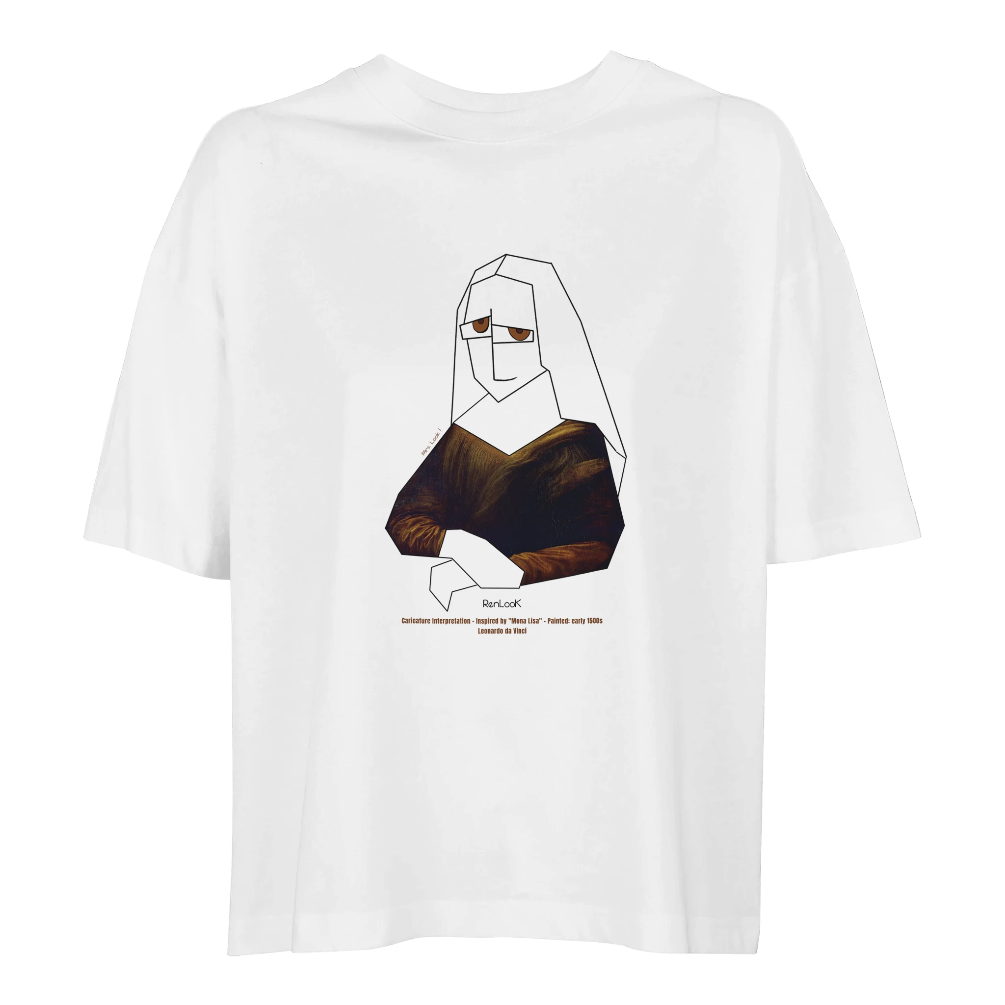 White t-shirt with a graphic design of a stylized Mona Lisa on a white background