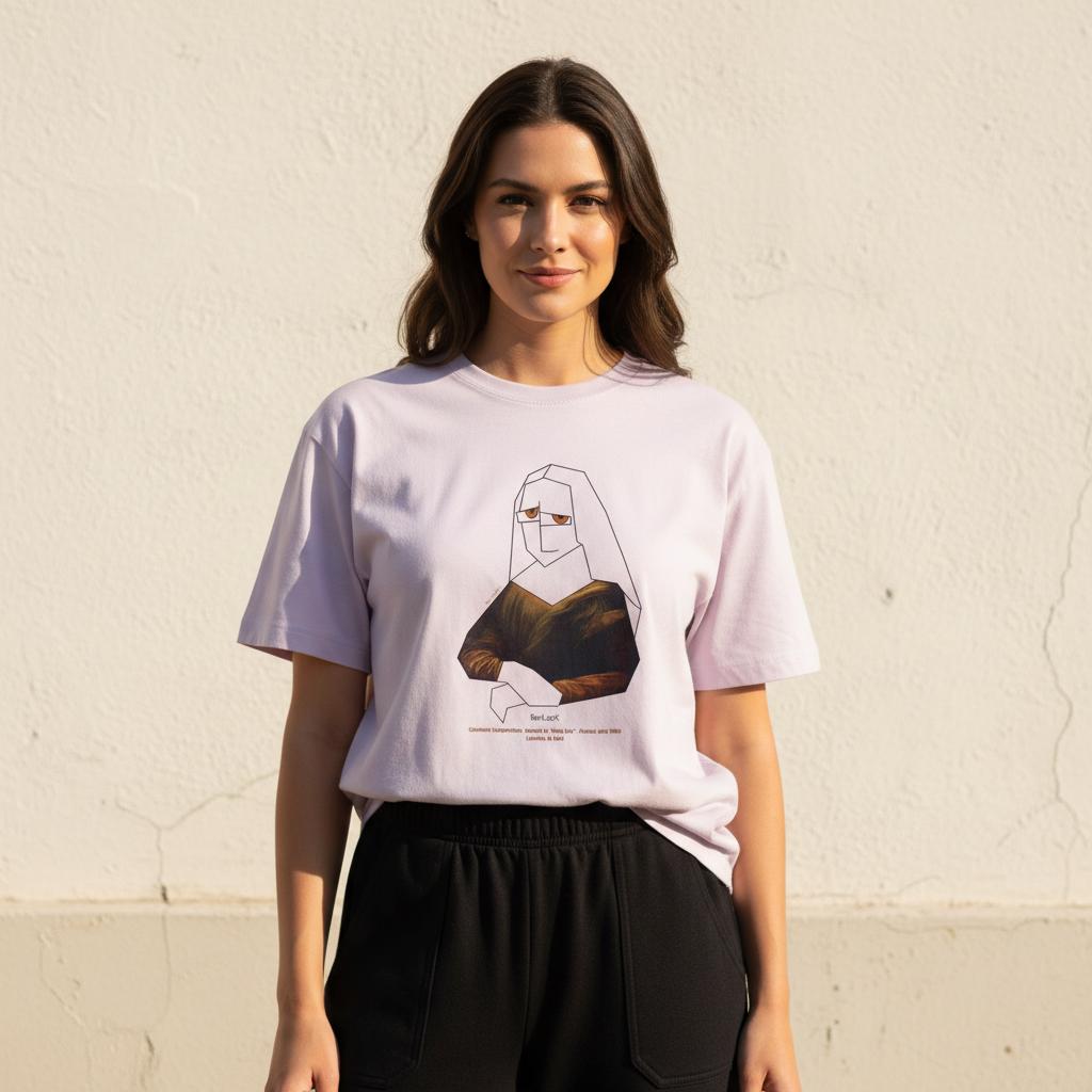 Person wearing a white t-shirt with a graphic Mona Lisa design.