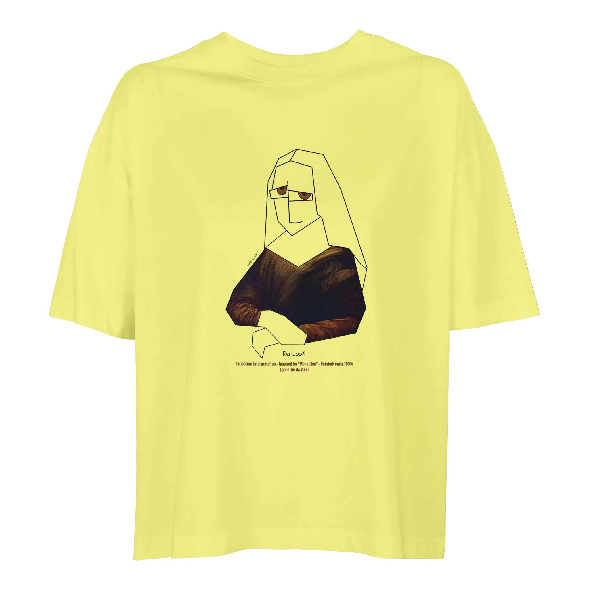 Yellow t-shirt with a graphic design of a stylized Mona Lisa.