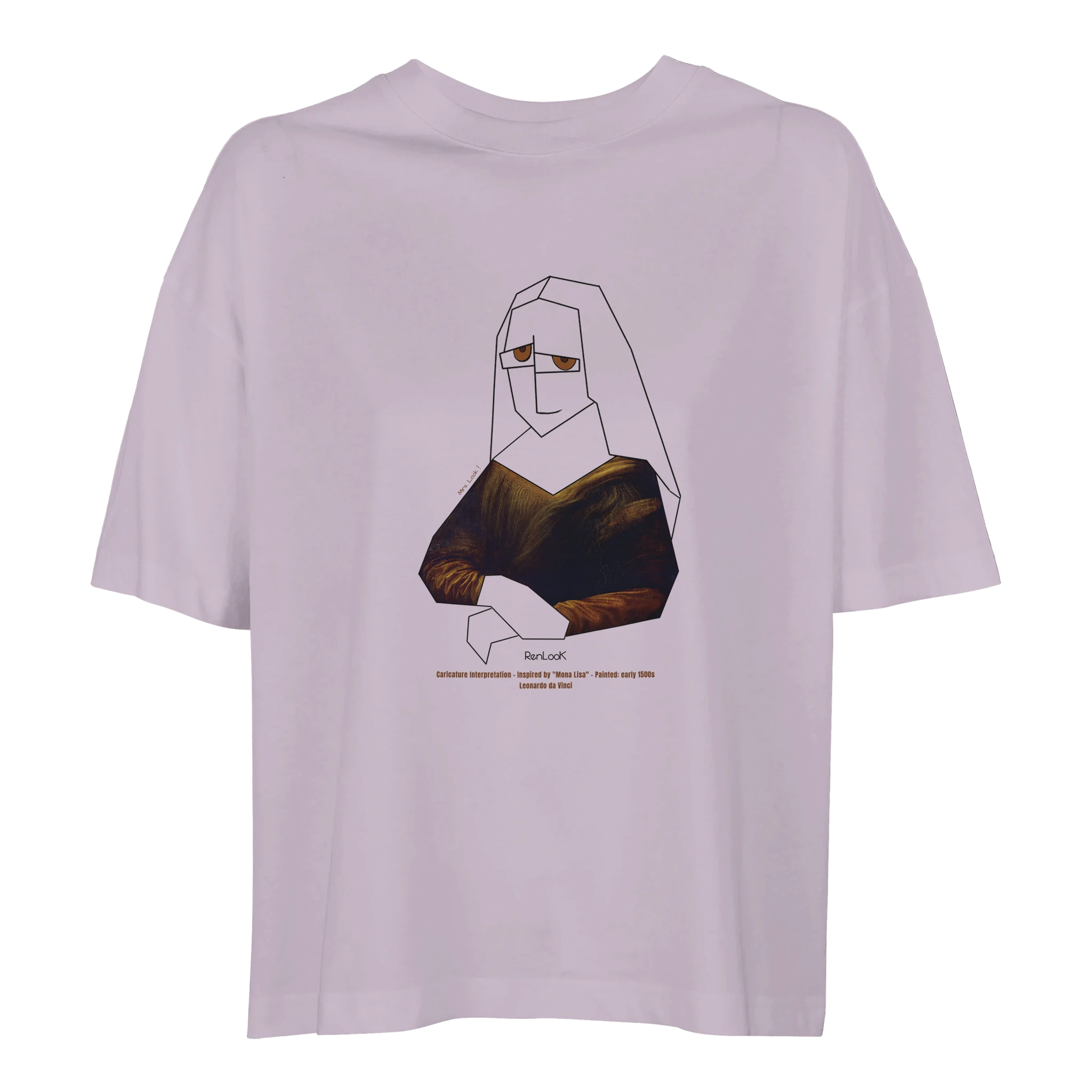 Light purple t-shirt with a graphic design of a stylized Mona Lisa on a white background
