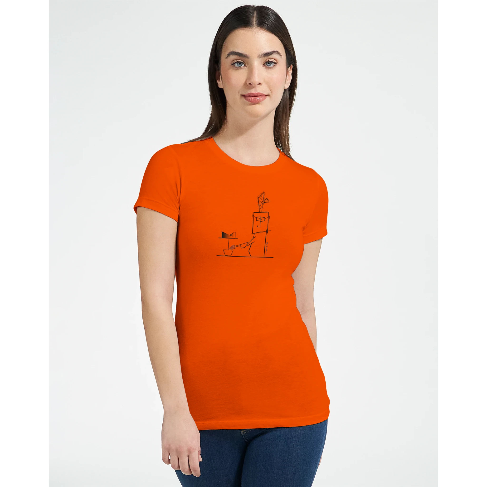 Women's crewneck t-shirt, orange with cactus line graphic