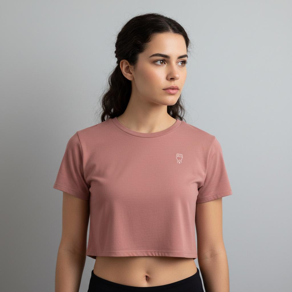Dusty rose women’s crop tee on model with short sleeves, crew neckline, and chest graphic.