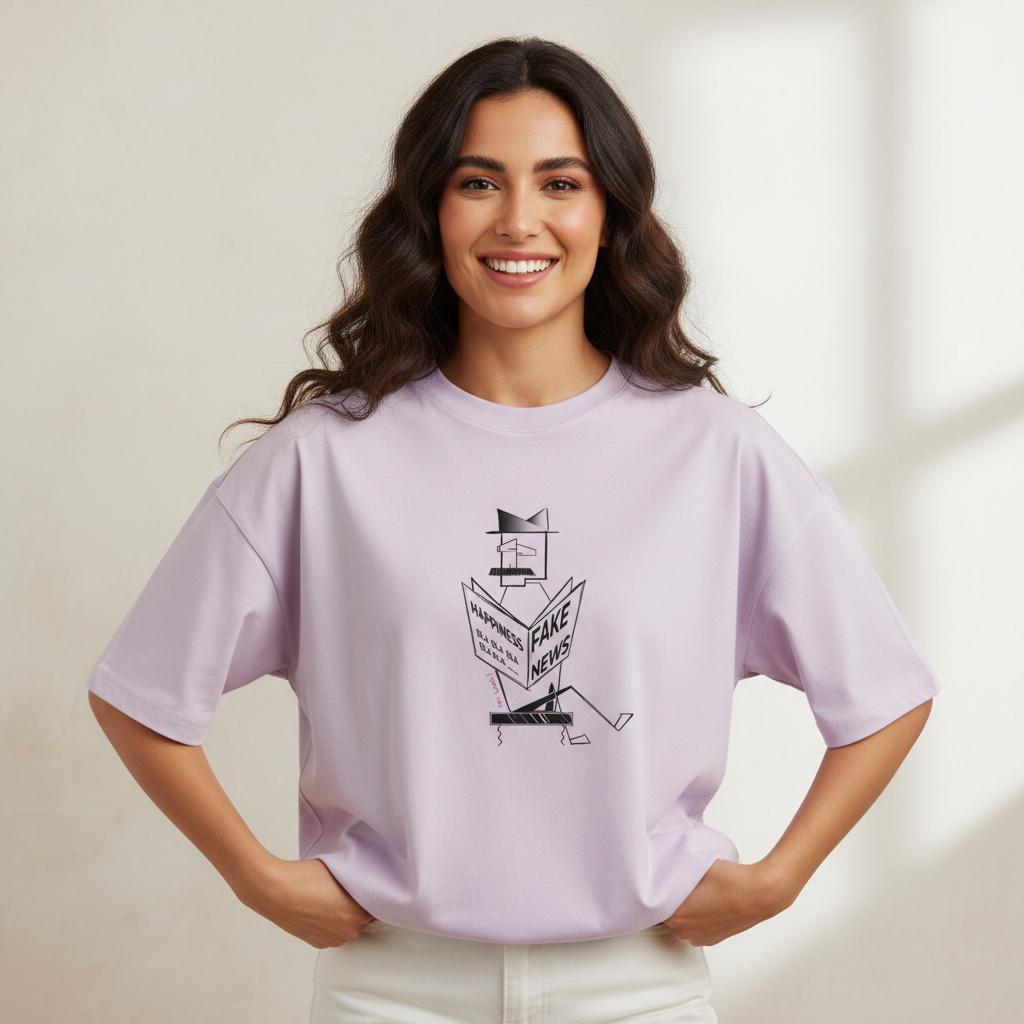 Model wearing women’s oversized organic cotton t-shirt with Mr. Look graphic by RenLook