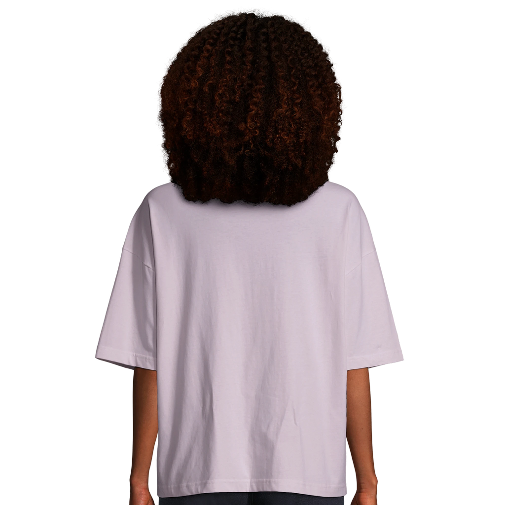 Model wearing women’s oversized organic cotton t-shirt with Mr. Look graphic by RenLook back view.