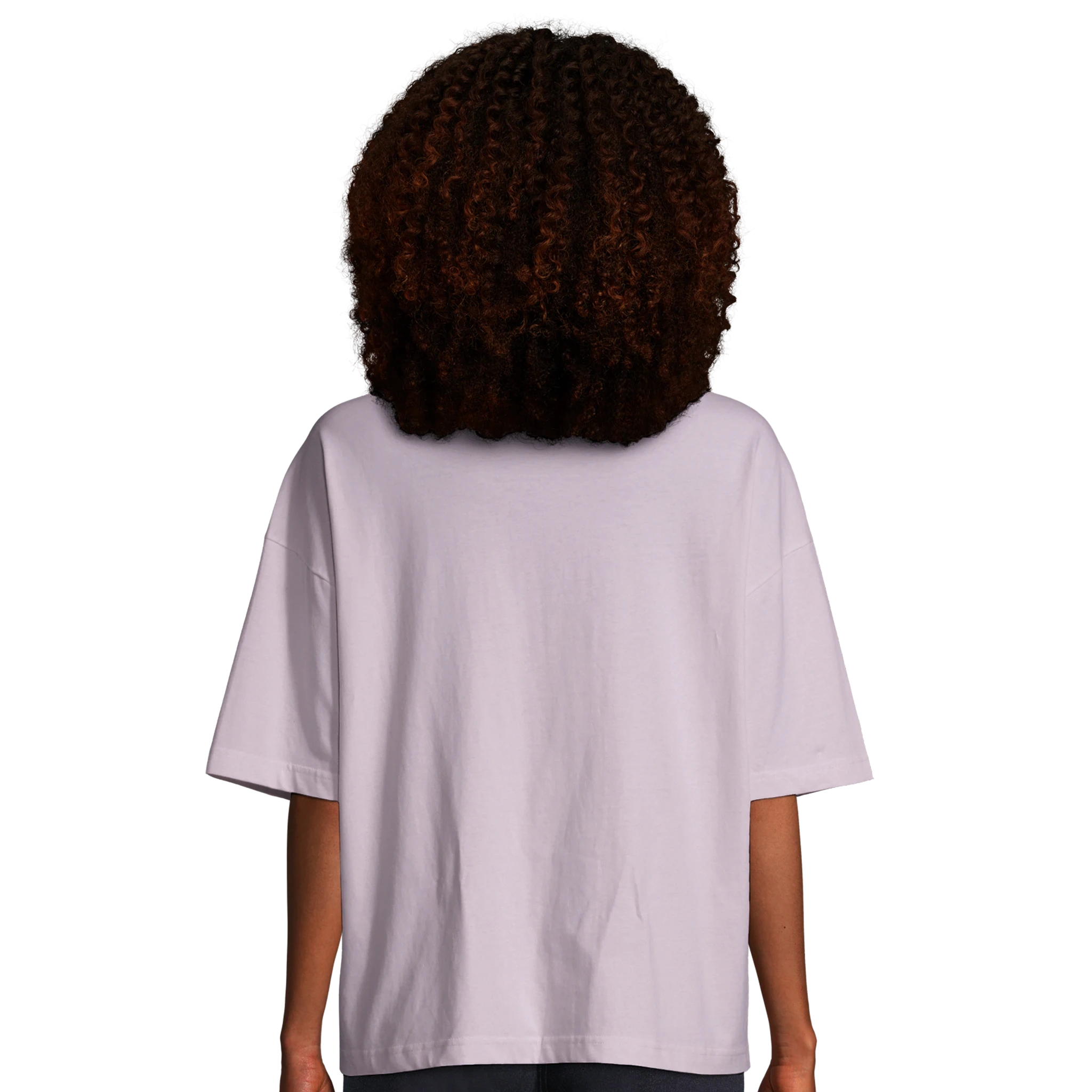 Model wearing women’s oversized organic cotton t-shirt with Mr. Look graphic by RenLook back view.
