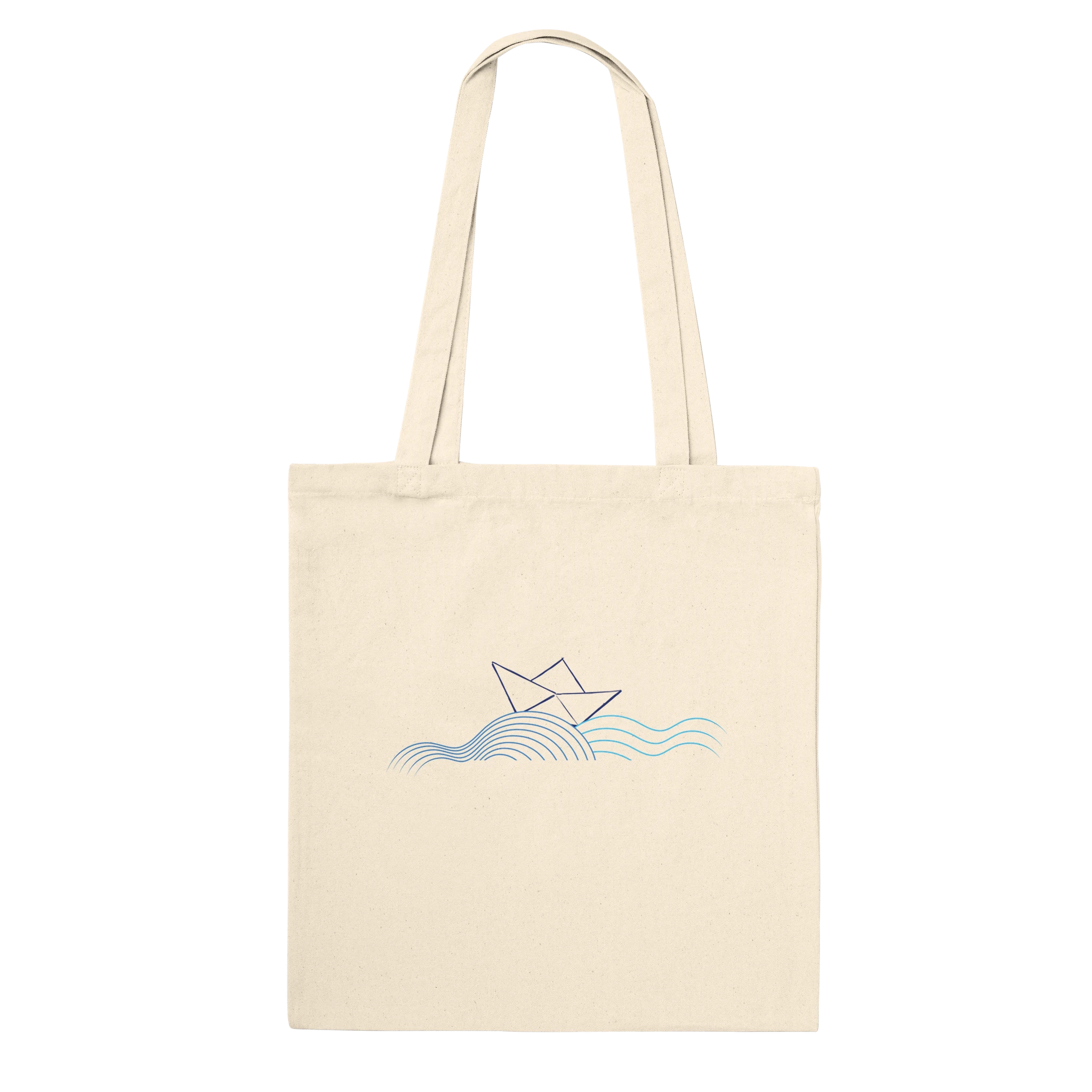 Natural canvas tote bag with long handles and sailboat over wave graphic