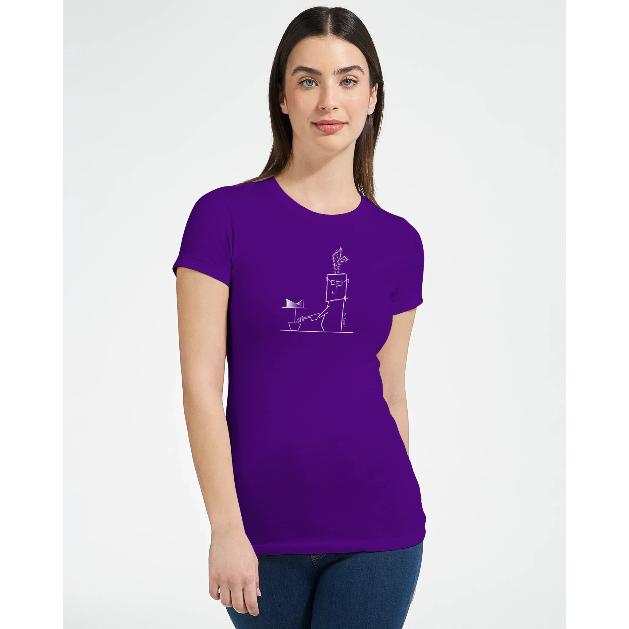 Women's crewneck t-shirt, purple with cactus line graphic