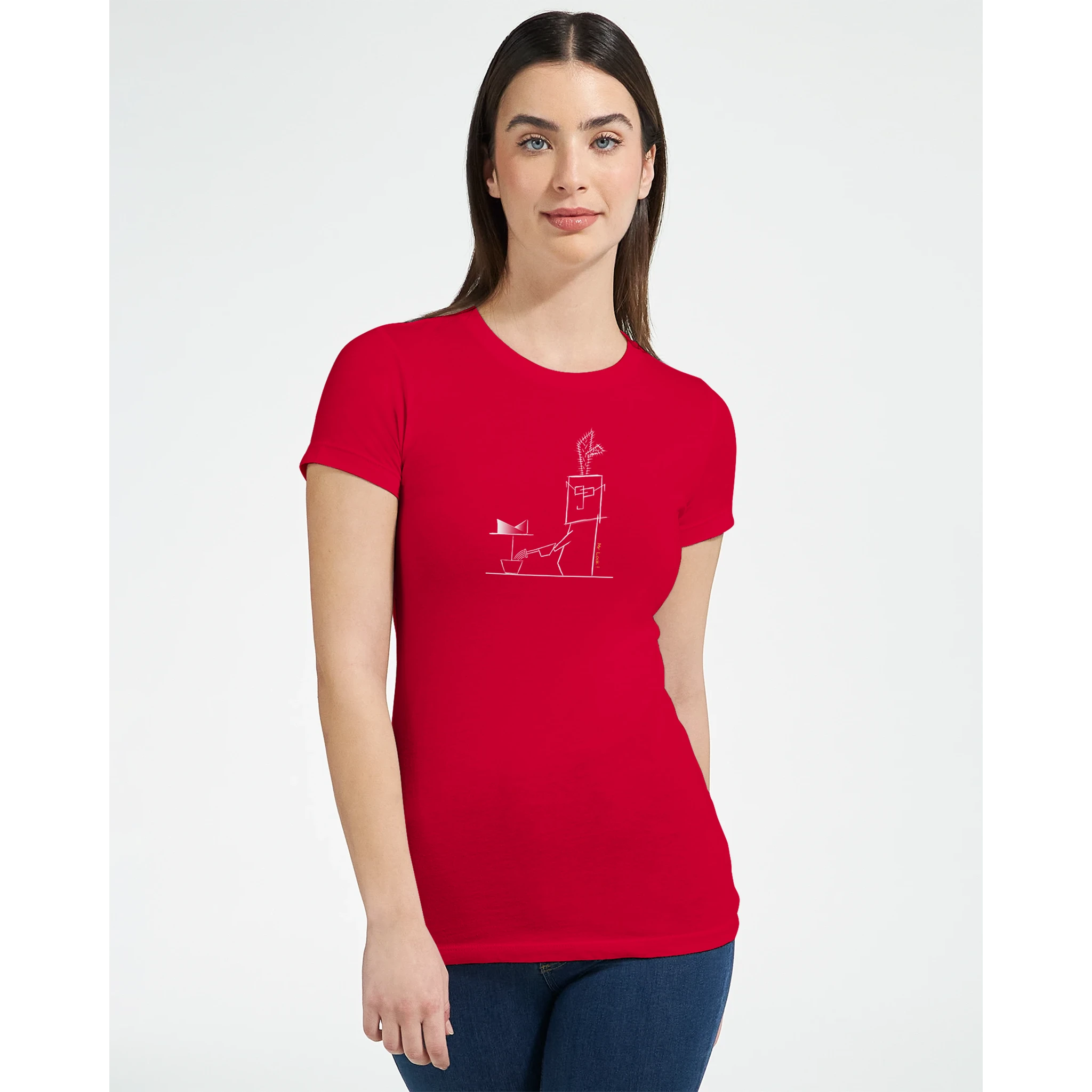 Red women’s crewneck T-shirt with cactus graphic on front