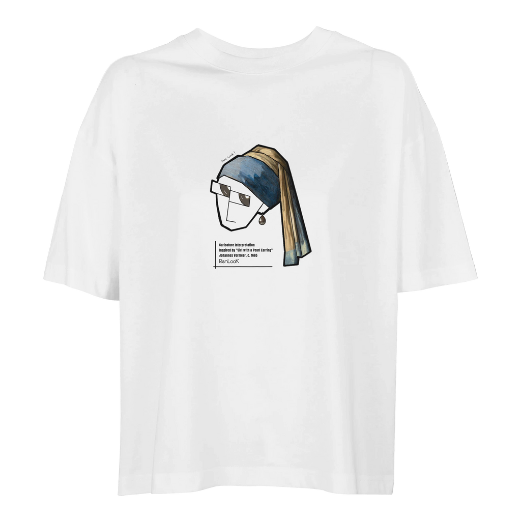 Caricature of The Girl with The Pearl Earring printed on a white oversize T-Shirt.