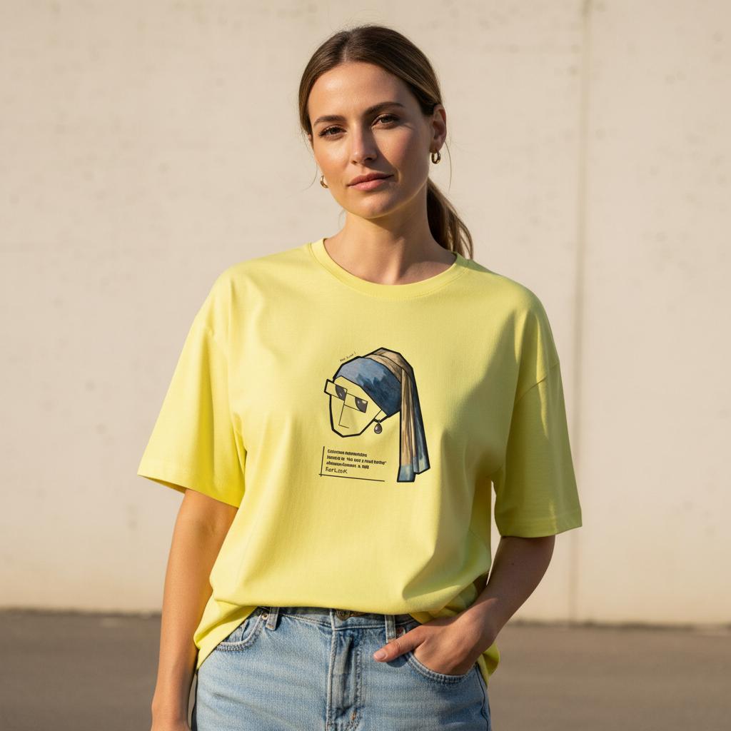 Caricature of The Girl with The Pearl Earring printed on T-Shirt, oversized T-Shirt.