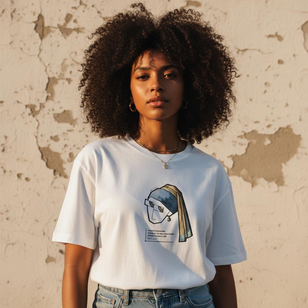 Caricature of The Girl with The Pearl Earring printed on T-Shirt, oversized T-Shirt.