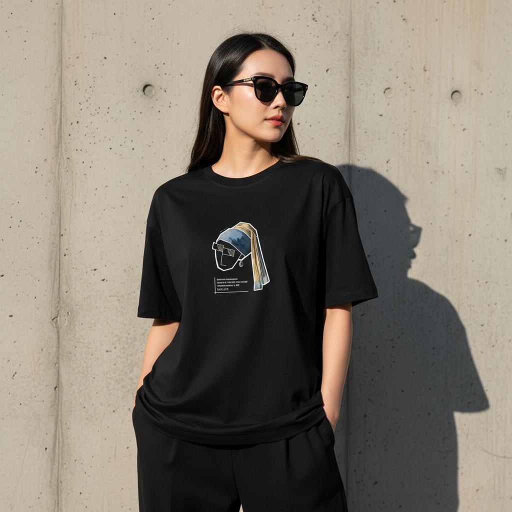 Caricature of The Girl with The Pearl Earring printed on T-Shirt, oversized T-Shirt.