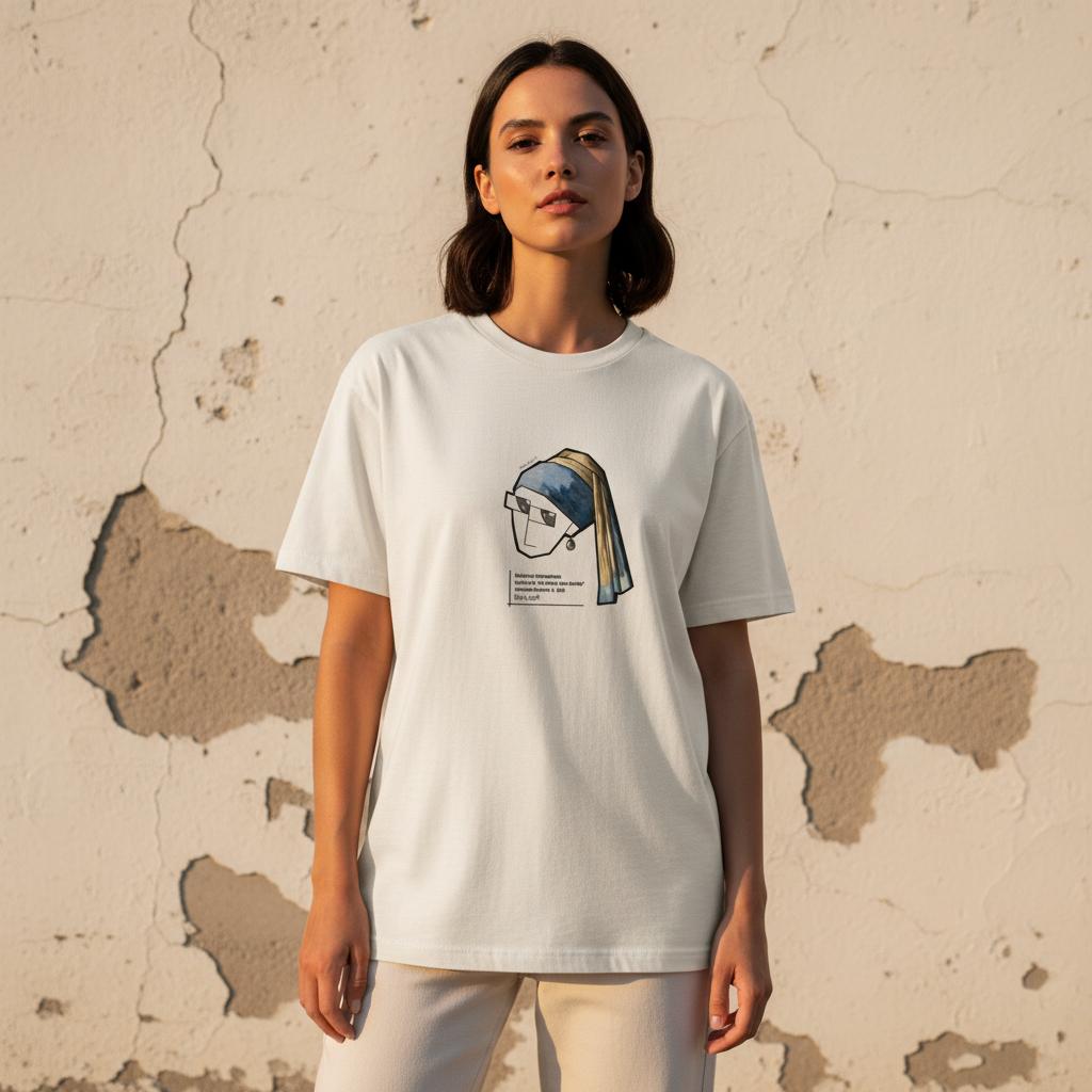 Caricature of The Girl with The Pearl Earring printed on T-Shirt, oversized T-Shirt.