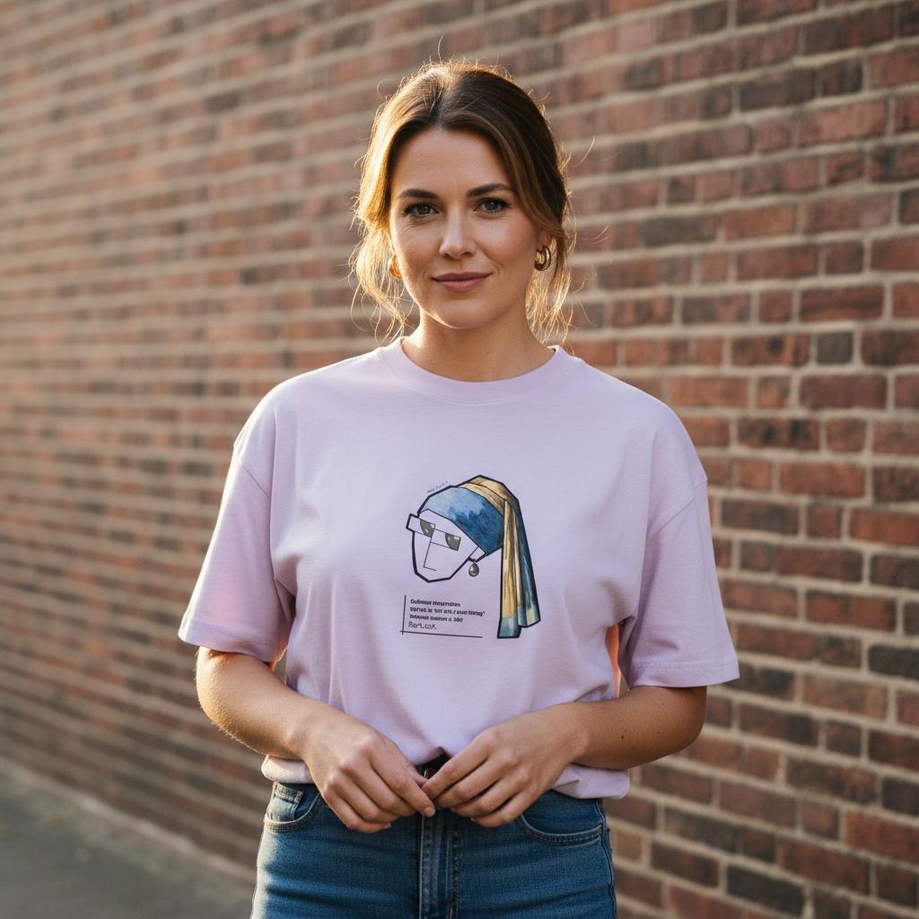 Caricature of The Girl with The Pearl Earring printed on T-Shirt, oversized T-Shirt.