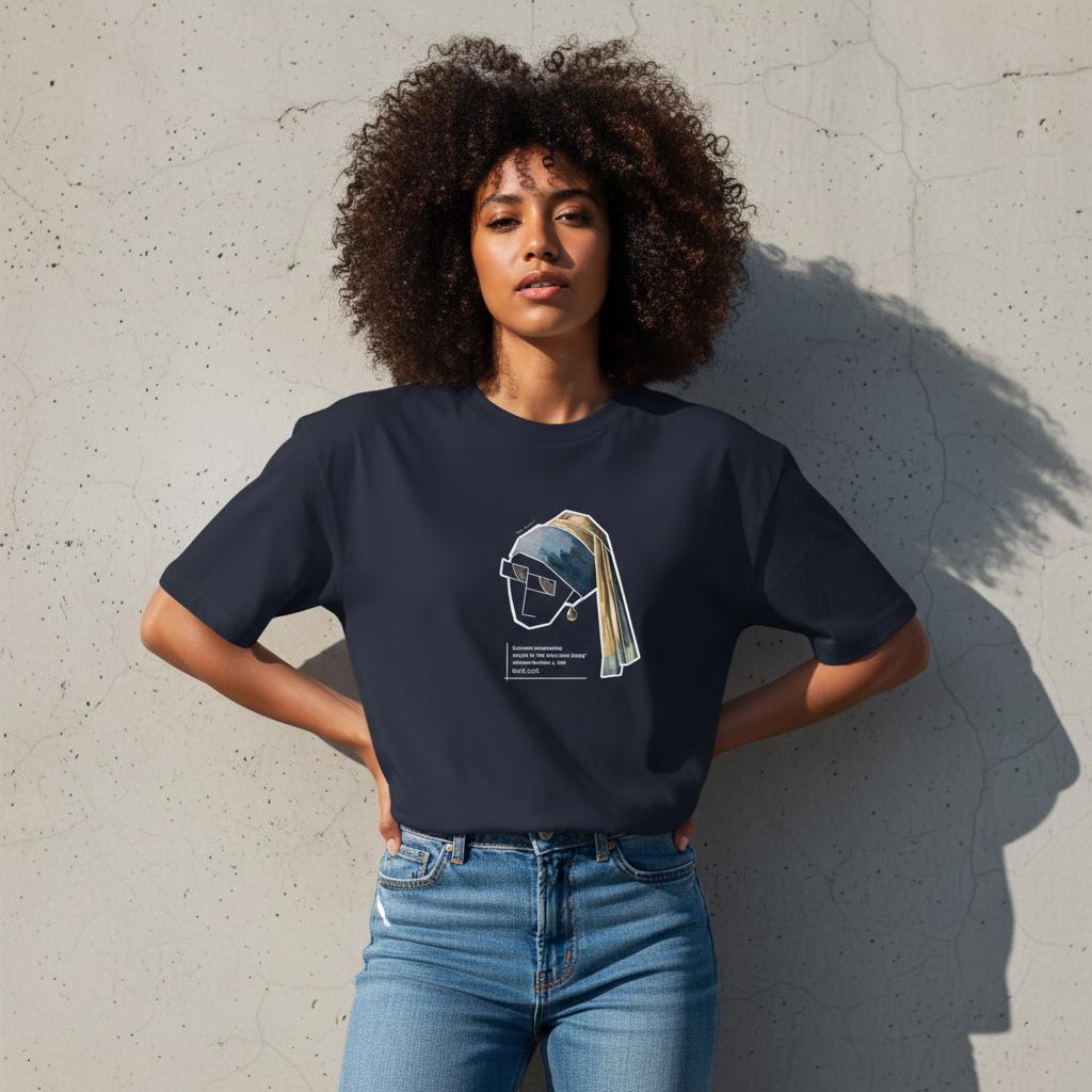 Caricature of The Girl with The Pearl Earring printed on T-Shirt, oversized T-Shirt.