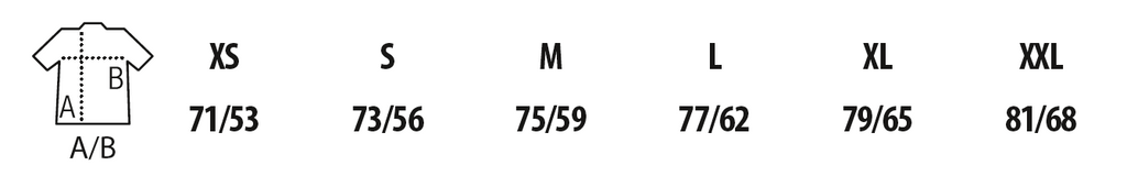 Size chart for a shirt with measurements in centimeters