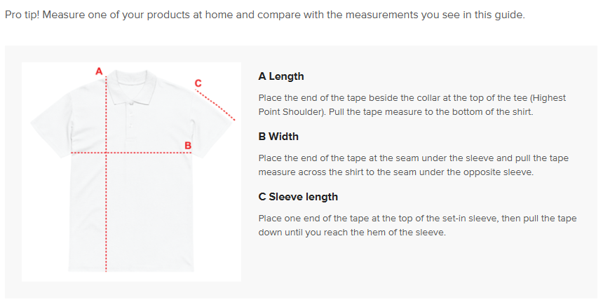 Polo shirt size guide diagram showing length, width, and sleeve length