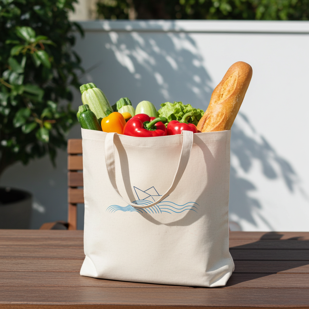 Tote bag with groceries on a wooden table outdoors with Origami Boat Design