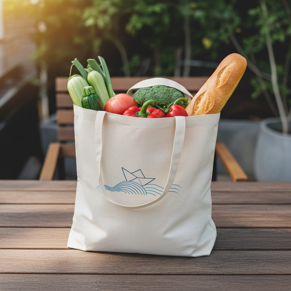 Beige tote bag with groceries on a wooden table outdoors with Origami Boat Design 