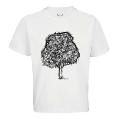 White oversized T-shirt with tree graphic front print, crew neck