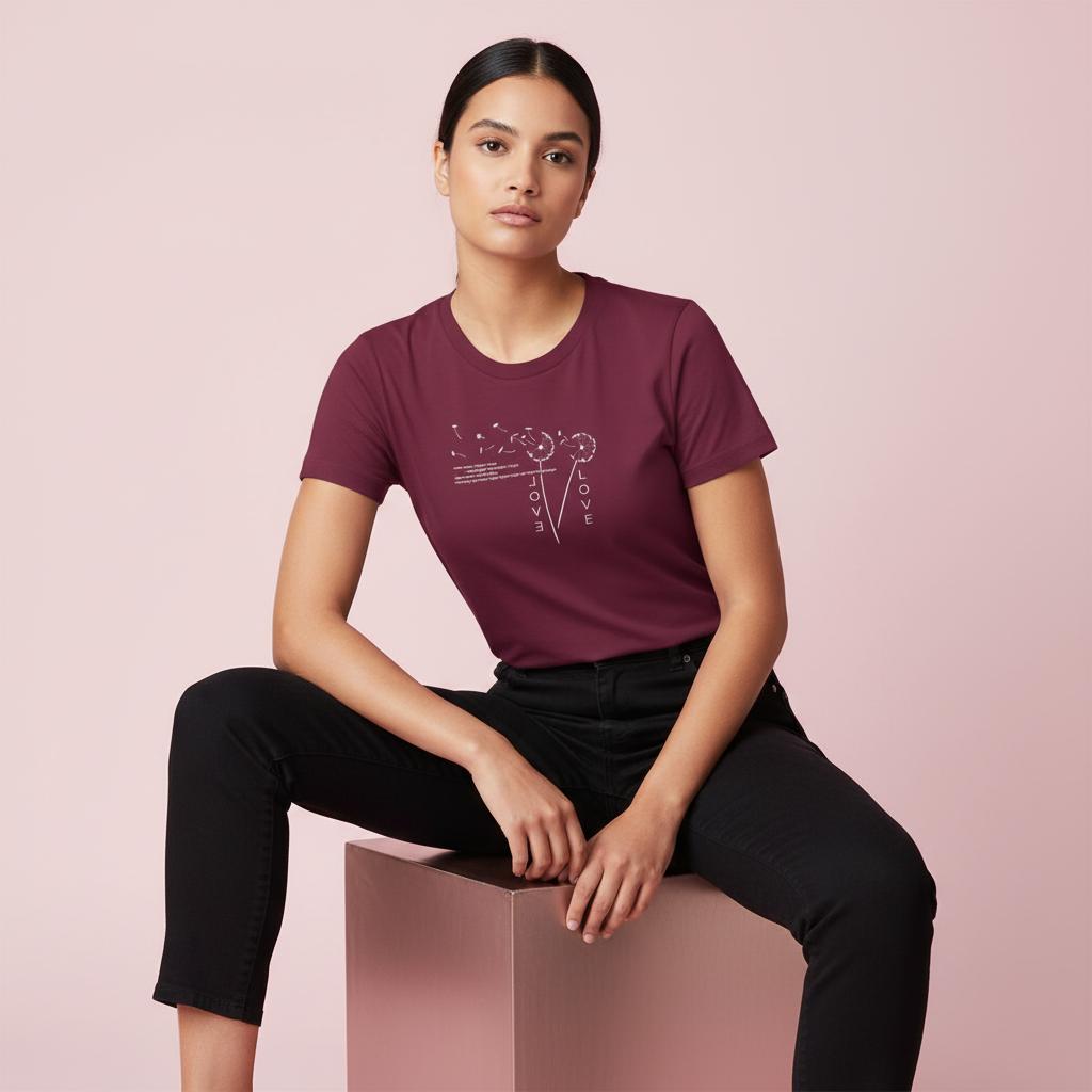 Women's maroon t-shirt with 'LOVE' graphic