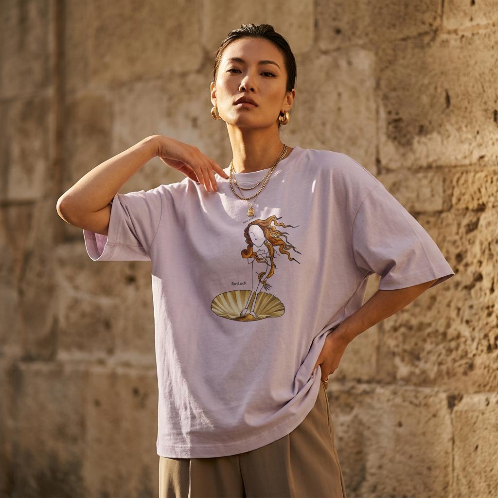 Lilac oversized T-shirt worn by a model, short sleeves and front graphic