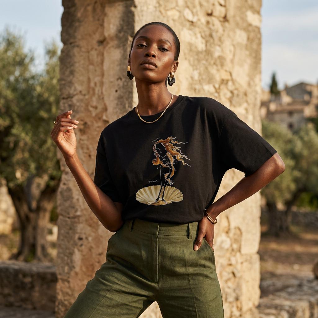 Black oversized women's organic T-shirt with front Venus-style graphic, crew neck
