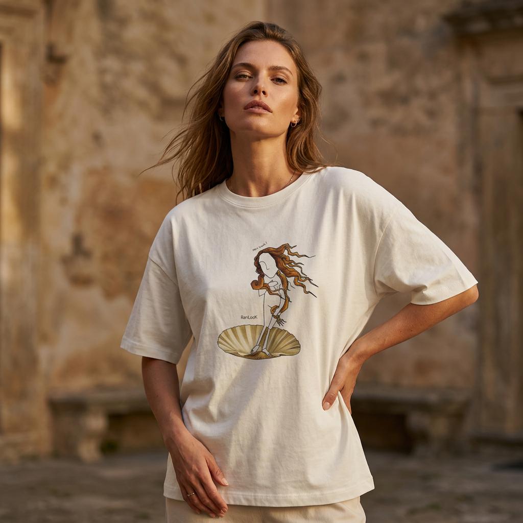 White oversized T-shirt worn by a model, short sleeves and front graphic