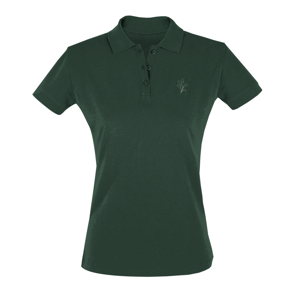 Women's fitted polo shirt in dark green, short sleeves, button placket, chest logo