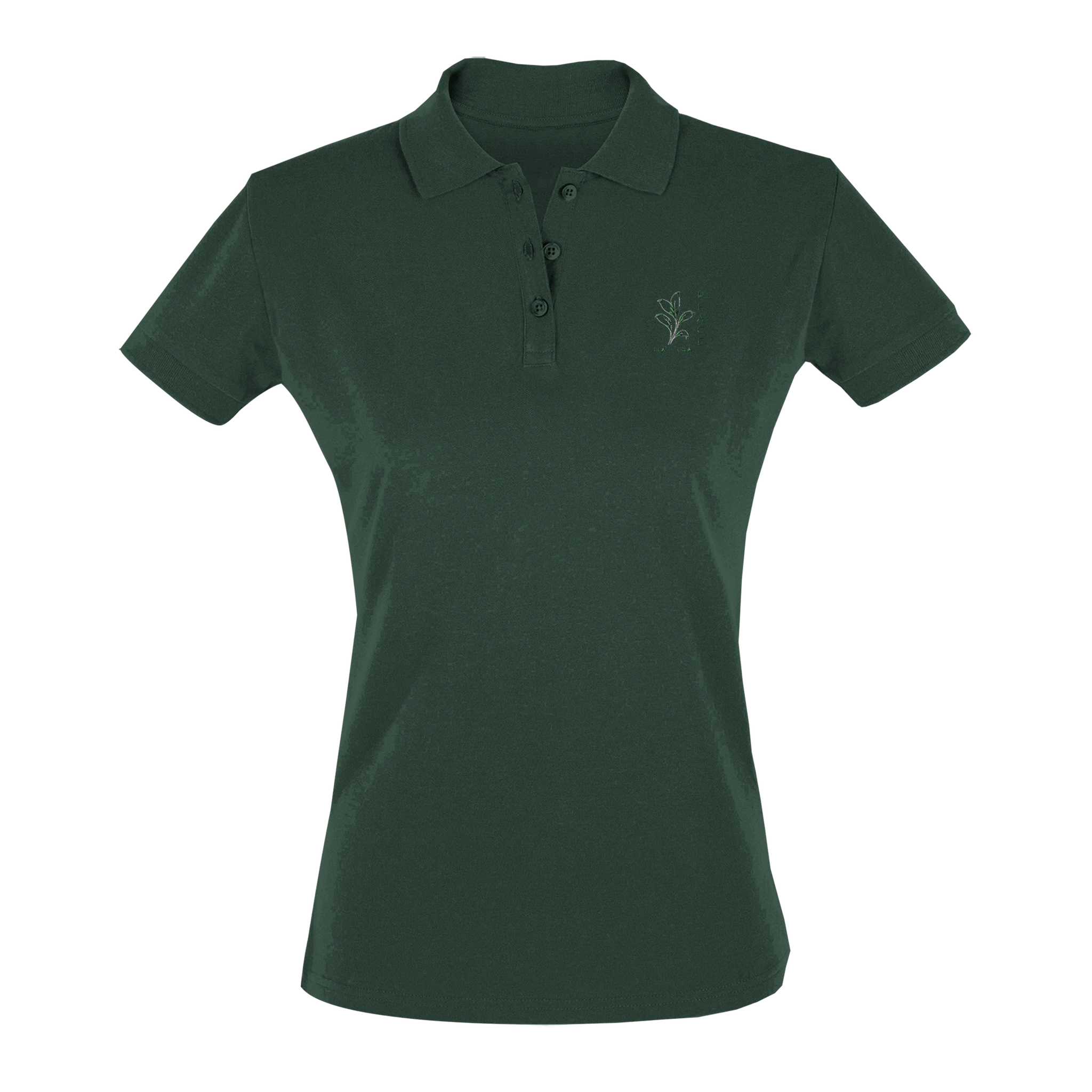 Women's fitted polo shirt in dark green, short sleeves, button placket, chest logo