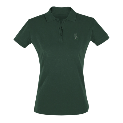 Women's fitted polo shirt in dark green, short sleeves, button placket, chest logo