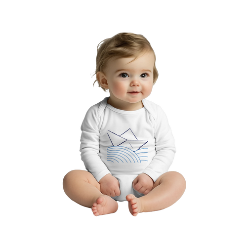 White long-sleeve baby cotton bodysuit with blue geometric rain graphic