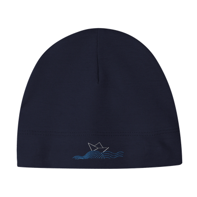 Organic baby hat in dark blue with embroidered boat and wavy lines