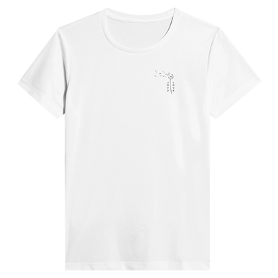 White women’s crewneck short-sleeve T-shirt, small centered chest print.