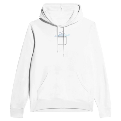 White unisex pullover hoodie with front graphic, hood drawstrings, and kangaroo pocket