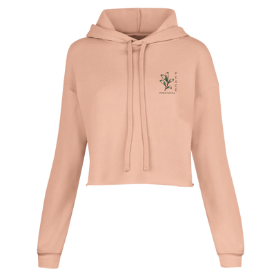 Peach cropped hoodie with hood, drawstring, and embroidered peace sign logo
